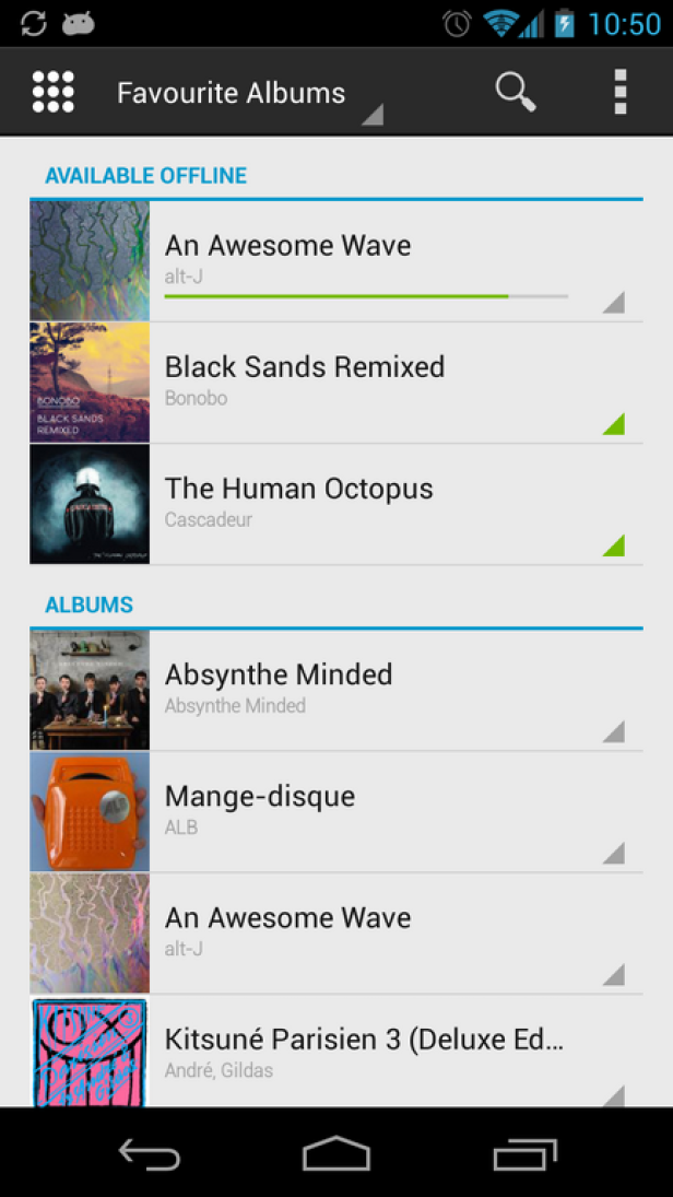 Ein Screenshot einer Musik-App mit einer Liste von Alben, darunter „An Awesome Wave“ und „Black Sands Remixed“.