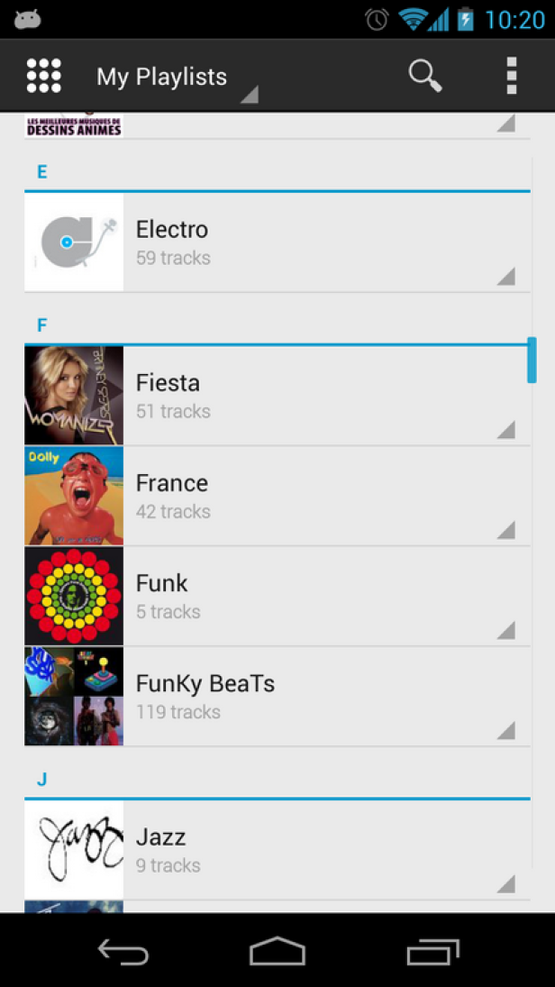 Ein Screenshot einer Musik-App mit Wiedergabelisten wie Electro, Fiesta, France, Funk, Funky Beats und Jazz.