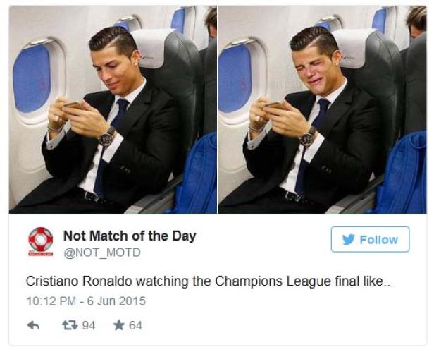 Zwei Bilder von Cristiano Ronaldo im Flugzeug, einmal lächelnd und einmal weinend, während er auf sein Handy schaut.