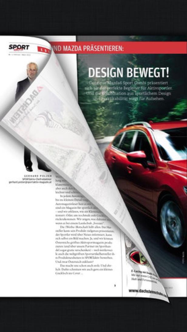 Eine Magazinseite mit einer Anzeige für Mazda und Dachstein Sportschuhe.
