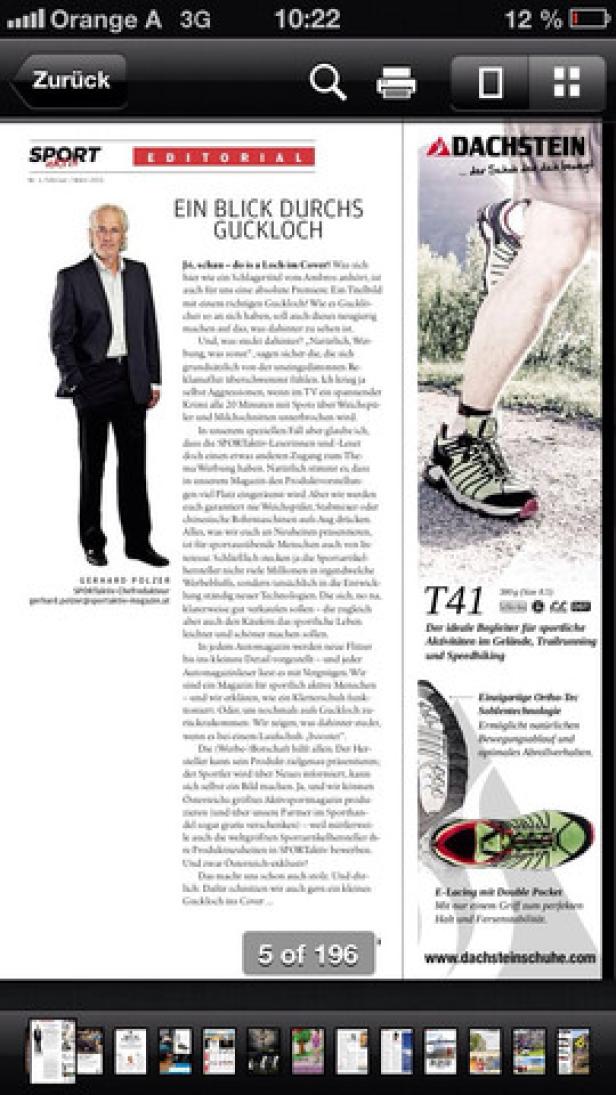 Eine Seite aus einem Sportmagazin mit einem Artikel und einer Anzeige für Dachstein-Schuhe.