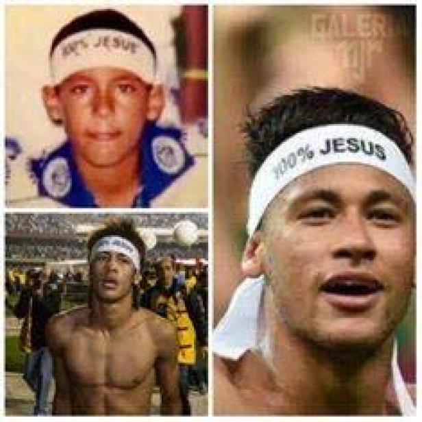 Collage von Neymar mit Stirnbändern, auf denen „100% Jesus“ steht.