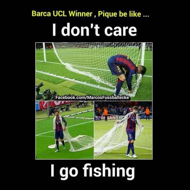 Collage, die Gerard Piqué zeigt, wie er nach einem Sieg ein Fußballnetz entfernt und es wie ein Fischernetz trägt.