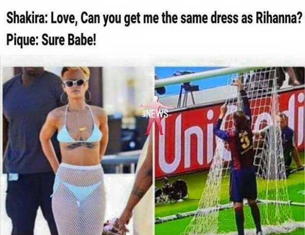 Ein Meme, das Rihanna in Strandkleidung und Piqué beim Fußballspielen zeigt.