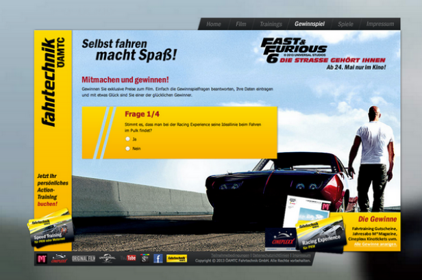 ÖAMTC Fahrtechnik Landingpage im Fast&Furious-Stil von 123Consulting. ÖAMTC-Fahrtechnik-Kampagne von 123Consulting