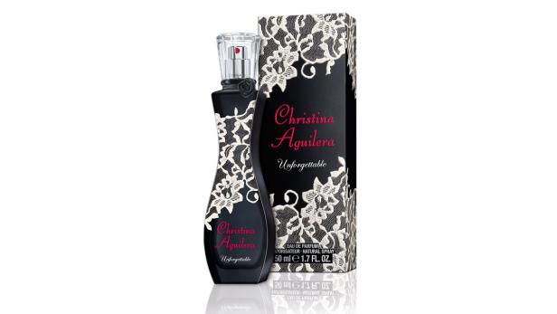 Eine Flasche des Parfüms „Unforgettable“ von Christina Aguilera mit passender Verpackung.