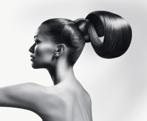 Das Profil einer Frau mit hochgestecktem, glänzendem Haar.