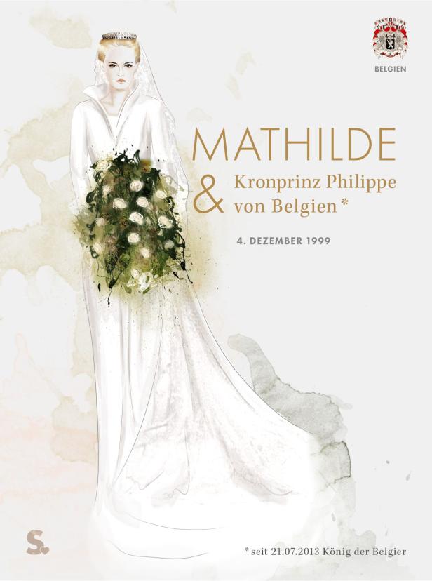 Eine stilisierte Darstellung von Mathilde von Belgien in ihrem Hochzeitskleid.