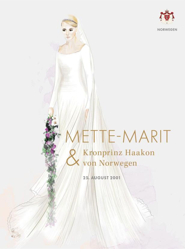 Eine stilisierte Darstellung von Mette-Marit in ihrem Hochzeitskleid mit Schleier und Blumenstrauß.