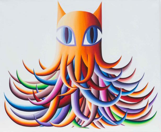 Ein abstraktes Gemälde einer orangefarbenen Katze mit bunten Tentakeln.