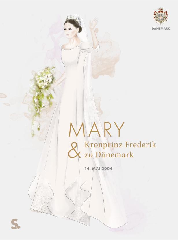 Eine Illustration von Mary Donaldson in ihrem Hochzeitskleid mit Kronprinz Frederik zu Dänemark.