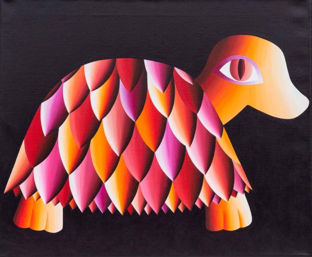 Gemälde einer stilisierten Schildkröte mit buntem Panzer auf schwarzem Grund.