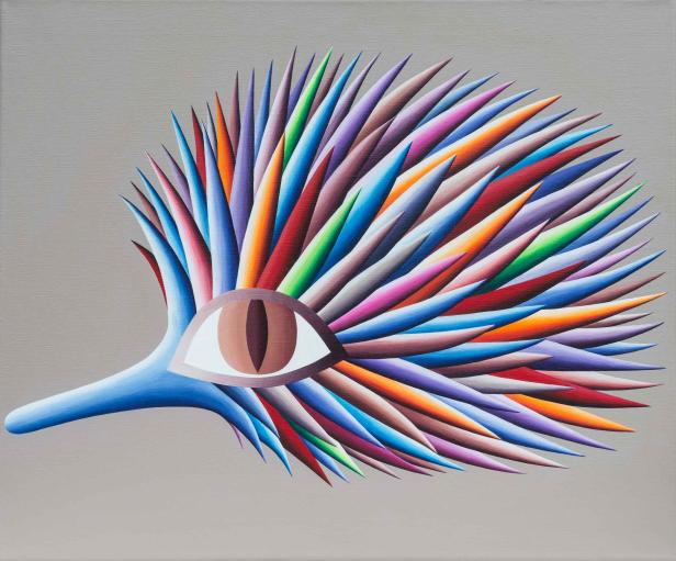 Ein abstraktes Gemälde mit einem Auge und bunten, stachelartigen Formen.