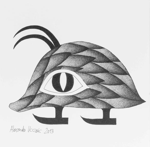 Eine stilisierte, schuppenbedeckte Kreatur mit einem Auge und zwei Antennen, gezeichnet von Alexandra Vucusic im Jahr 2013.