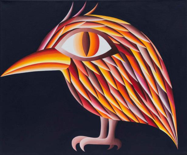 Ein stilisierter Vogel mit einem Auge im Gefieder auf dunklem Hintergrund.