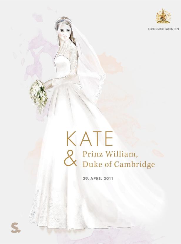 Eine Illustration von Kate Middleton in ihrem Hochzeitskleid mit Prinz William am 29. April 2011.