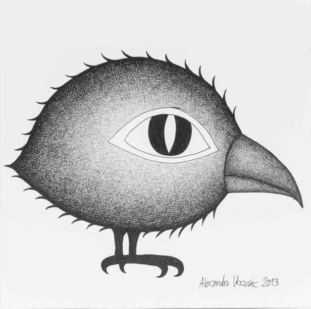 Eine stilisierte Zeichnung eines Vogels mit einem Auge auf dem Körper.