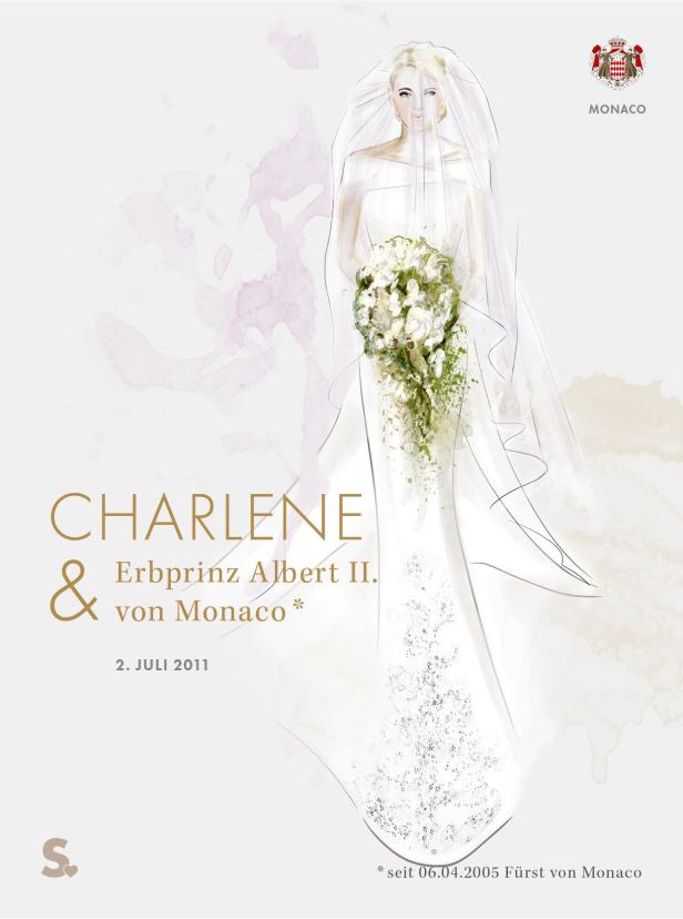 Eine stilisierte Zeichnung von Charlene von Monaco in ihrem Hochzeitskleid.