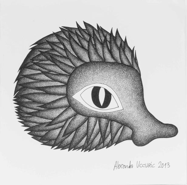 Eine stilisierte Darstellung eines Igels mit einem Auge in der Mitte des Körpers.