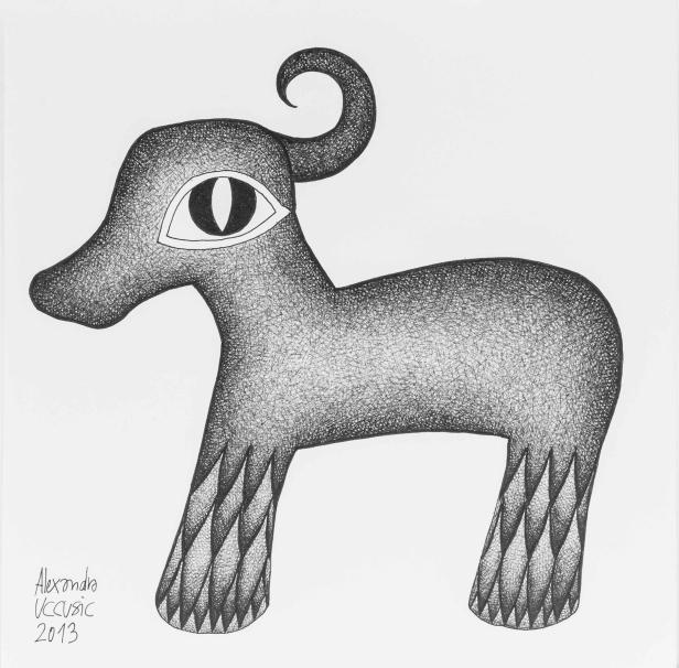Eine Strichzeichnung eines fantasievollen Tieres mit einem Auge und einem gelockten Horn.