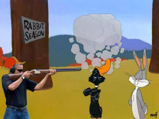 Eine Szene mit Barack Obama als Jäger, Bugs Bunny und Daffy Duck vor dem Hintergrund „Rabbit Season“.