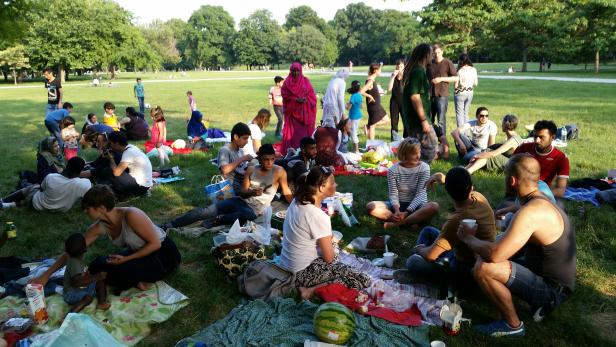Eine Gruppe von Menschen picknickt an einem sonnigen Tag im Park.