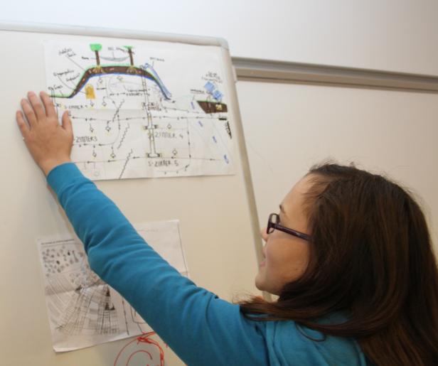 Eine Frau betrachtet eine Skizze an einer Wand.