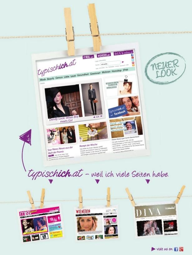 Styria Multi Media bewirbt die jüngste Version des Frauen-Portals Typischich.at in Print- und Online-Medien der Gruppe. Screenshots der Website typischich.at, die an einer Wäscheleine mit Klammern befestigt sind.