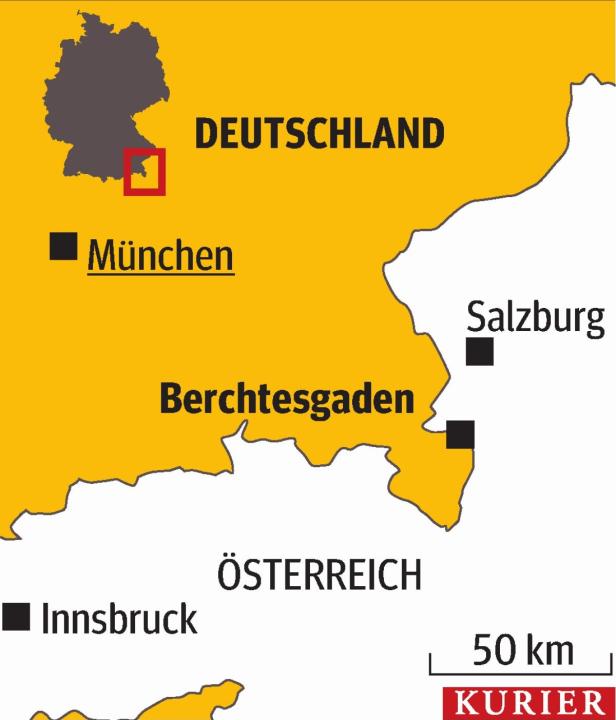 Eine Karte von Deutschland und Österreich mit den Städten München, Salzburg, Innsbruck und Berchtesgaden.