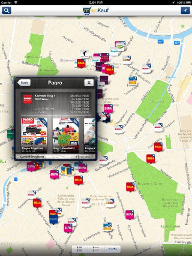 Eine Karte von Wien in einer App mit Standorten von Geschäften wie Billa und Bipa.