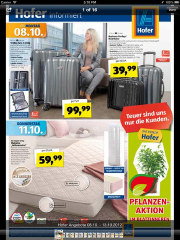 Eine Hofer-Werbung mit Angeboten für Koffer, Matratzen und Pflanzen.
