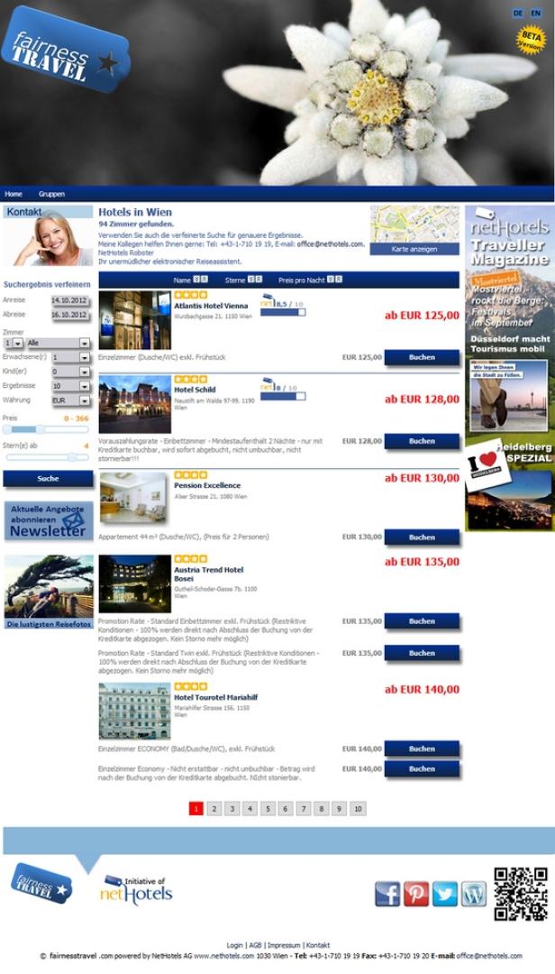 Eine Webseite zur Buchung von Hotels in Wien.