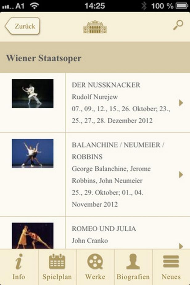 Ein Screenshot der Wiener Staatsopern-App mit Informationen zu „Der Nussknacker“, „Balanchine/Neumeier/Robbins“ und „Romeo und Julia“.