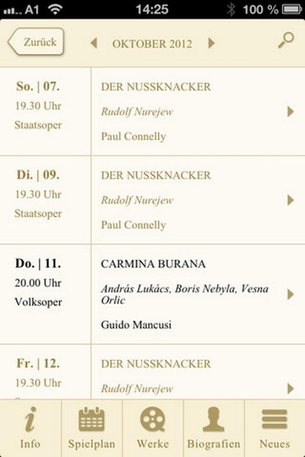 Ein Screenshot einer Veranstaltungsübersicht für Oktober 2012, inklusive „Der Nussknacker“ und „Carmina Burana“.