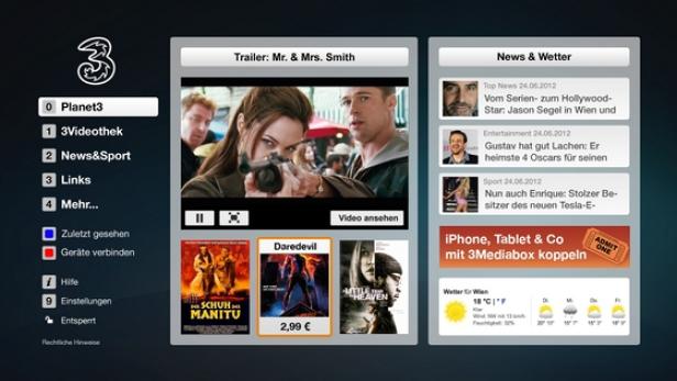 Ein Fernsehmenü mit Trailern von „Mr. & Mrs. Smith“ und „Daredevil“.