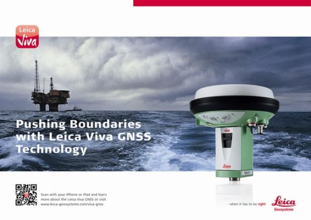 Ein Leica Viva GNSS-Gerät vor einer Ölplattform auf dem Meer.