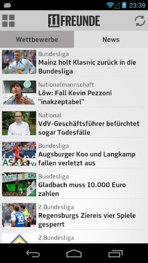 Ein Screenshot der „11 Freunde“-App mit Fußballnachrichten.