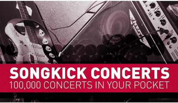 Eine Gitarre, ein Verstärker und die Aufschrift „Songkick Concerts: 100.000 Konzerte in deiner Tasche“.