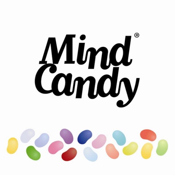 Das „Mind Candy“-Logo über einer Reihe von bunten Geleebohnen.