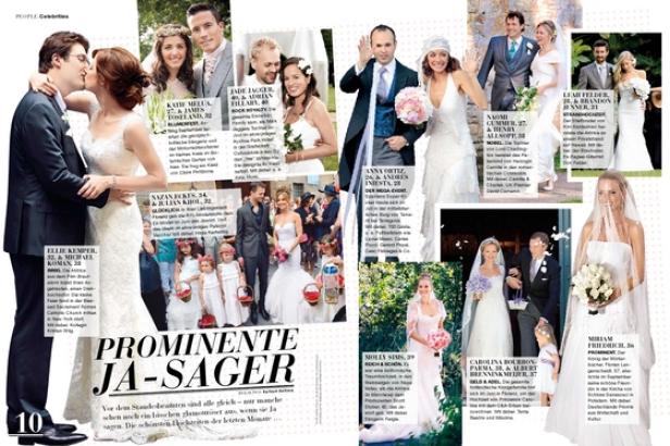 Eine Collage von Hochzeitsfotos prominenter Paare, darunter Ellie Kemper und Michael Koman.