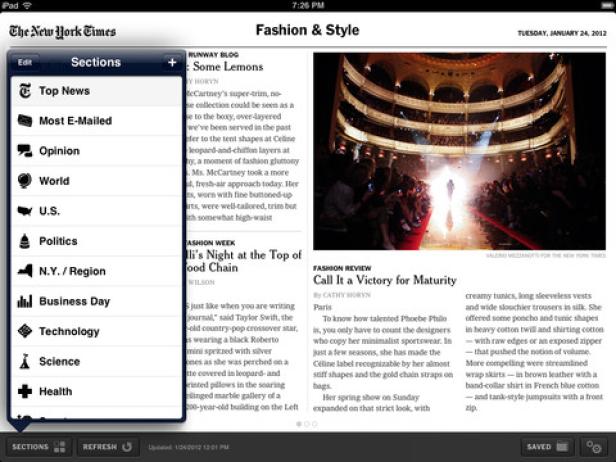 Ein Screenshot der New York Times iPad App mit dem Menü „Sections“ geöffnet.