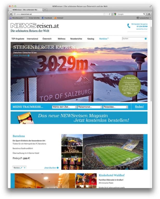 Ein Screenshot der Webseite Newsreisen.at mit Angeboten für Reisen nach Kaprun und Barcelona.