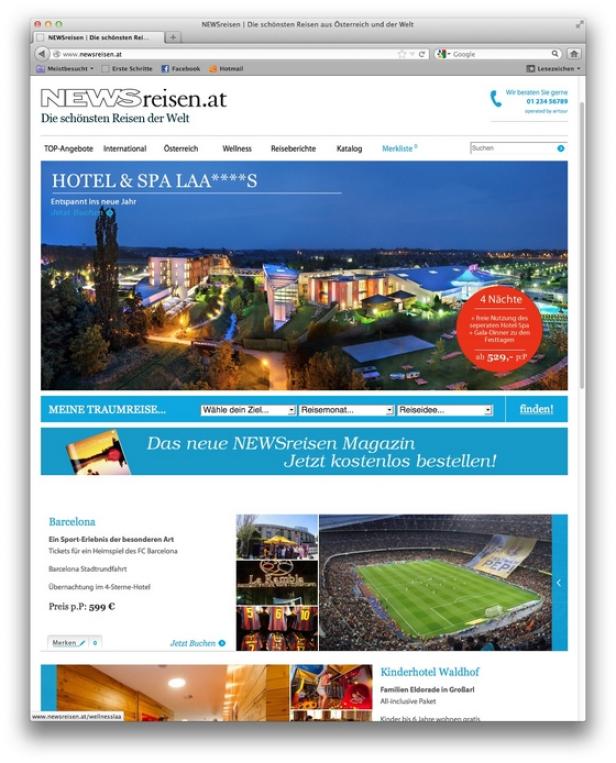 Die Webseite NEWSreisen.at mit Angeboten für Hotels, Wellness und Reisen nach Barcelona.