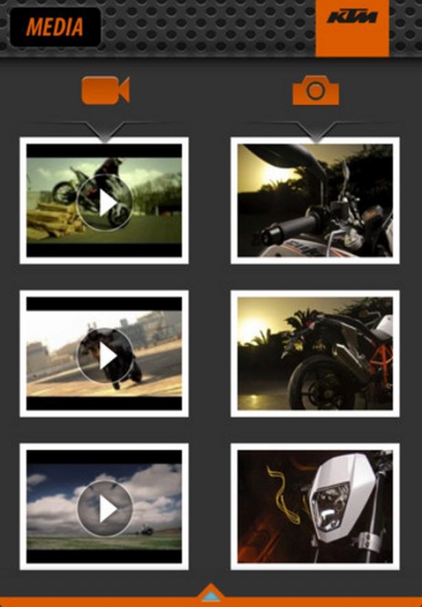 Ein Bildschirm mit einer Auswahl an KTM-Motorradvideos und -fotos.