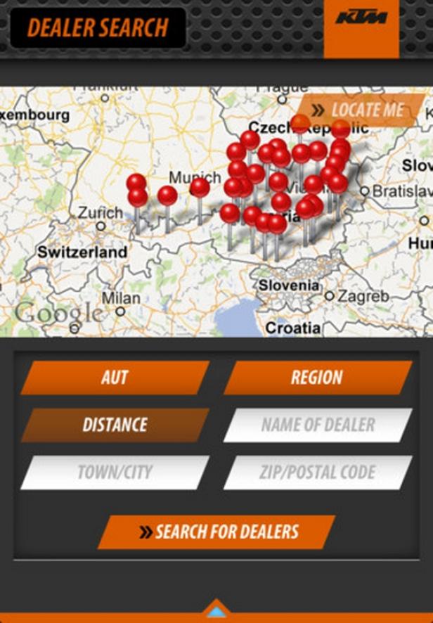 Eine Karte von Europa mit roten Markierungen für KTM-Händlerstandorte.
