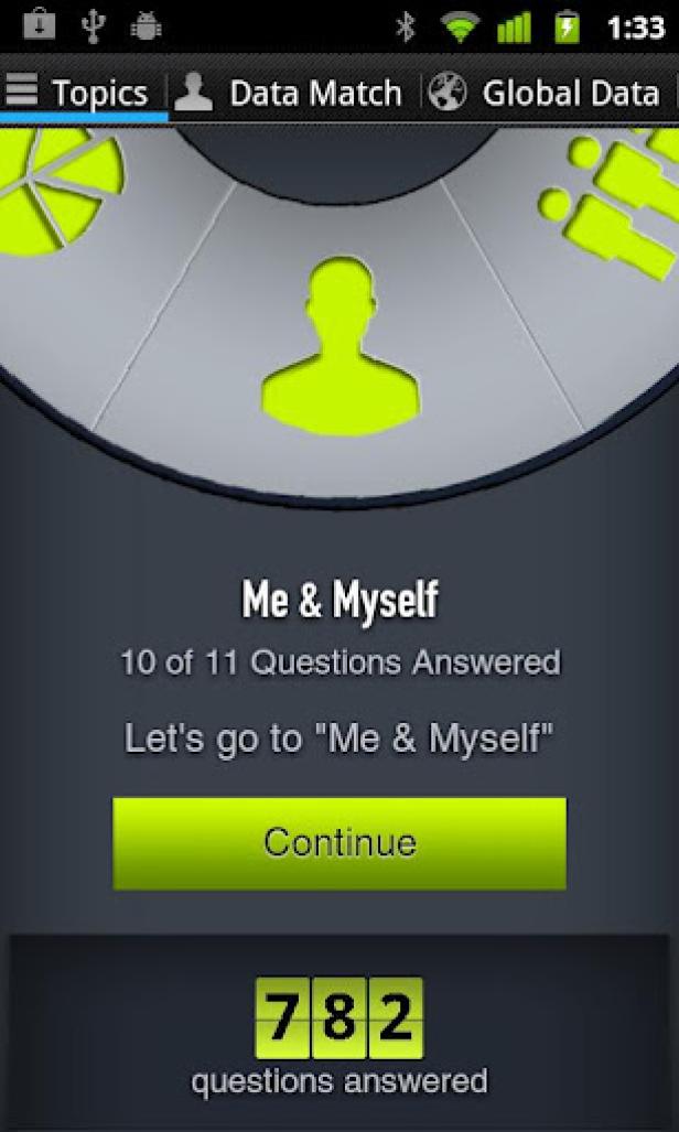 Ein Screenshot einer App namens „Me & Myself“ mit der Meldung „10 von 11 Fragen beantwortet“.