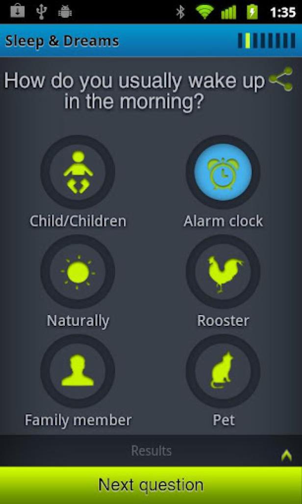 Ein Screenshot der „Sleep & Dreams“-App, die fragt, wie man morgens aufwacht.