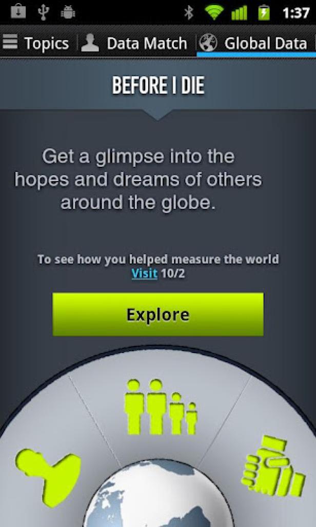 Ein Smartphone-Screenshot der „Before I Die“-App mit der Aufforderung, die Welt zu erkunden.