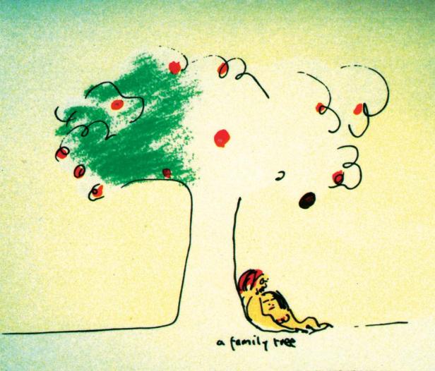 Eine stilisierte Zeichnung zeigt einen Baum mit roten Äpfeln und zwei Personen darunter.