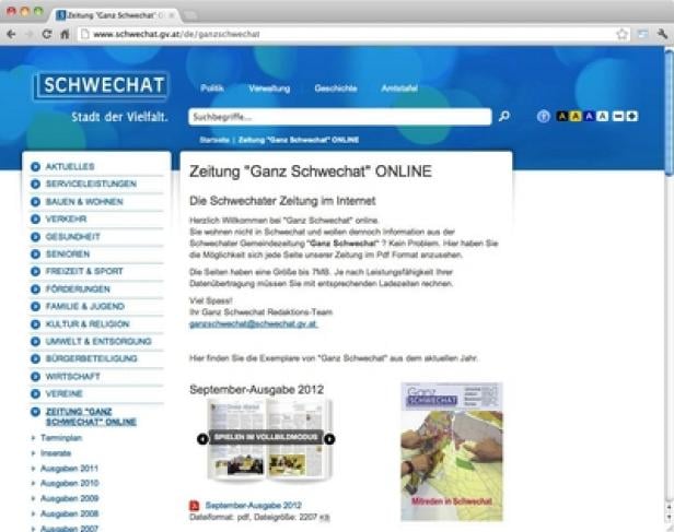 Die Webseite der Stadt Schwechat mit dem Online-Archiv der Zeitung „Ganz Schwechat“.